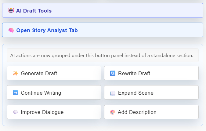 AI drafting tools for generating, rewriting, continuing, and expanding chapter text