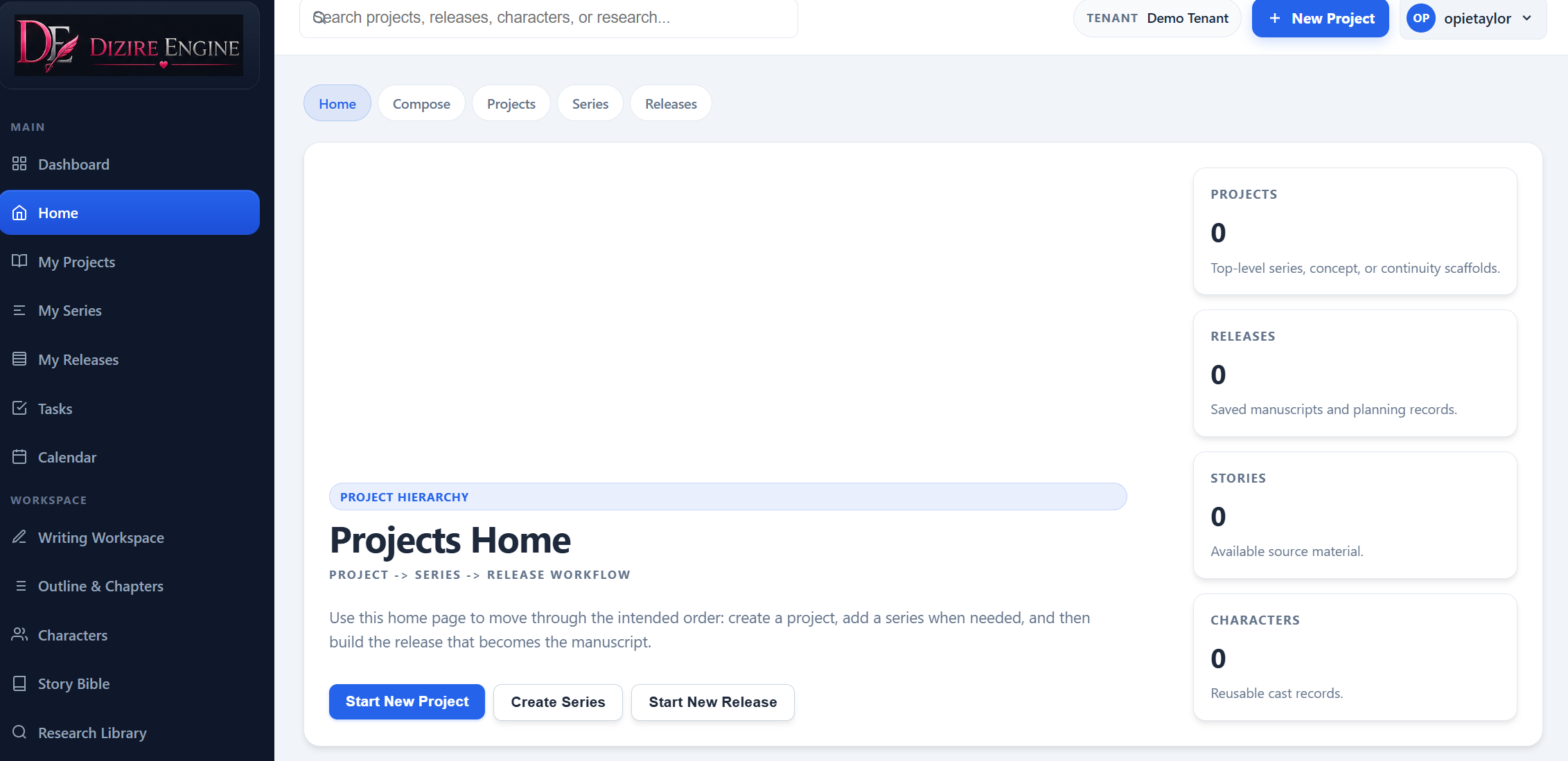 Projects Home view showing the project to series to release workflow