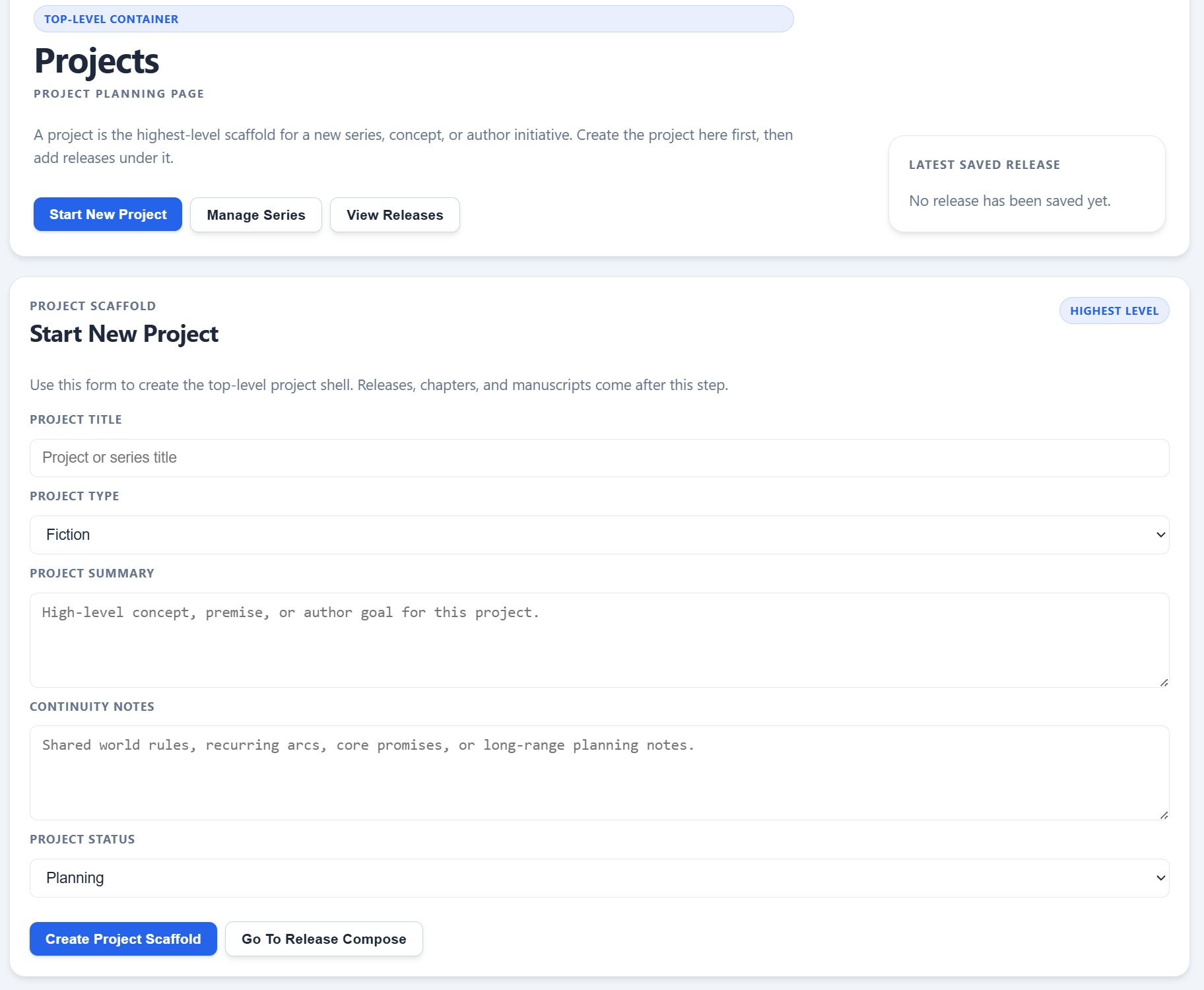 Projects page showing the Start New Project form in Dizire Engine