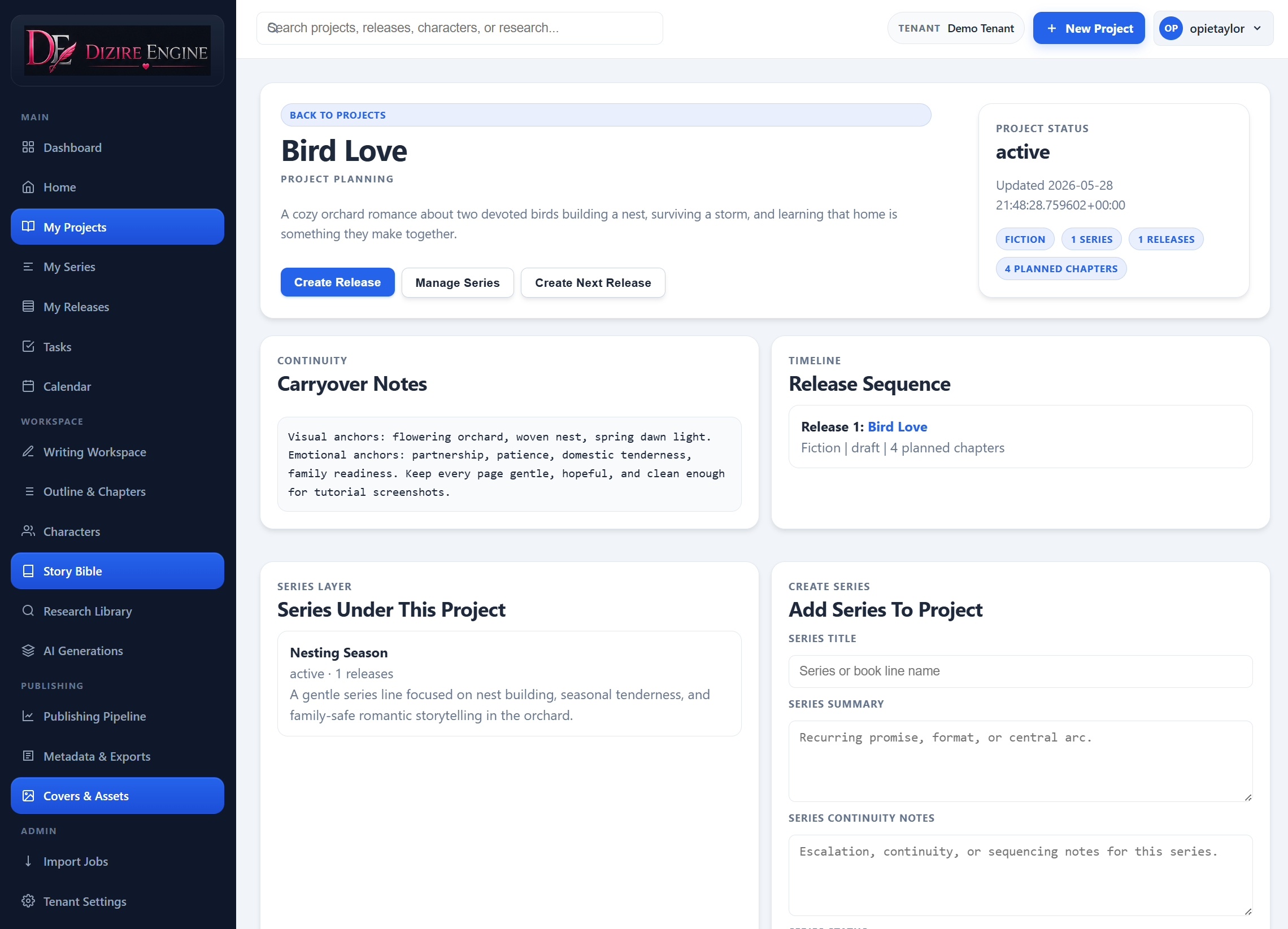 Project detail page used for continuity and release planning in Dizire Engine