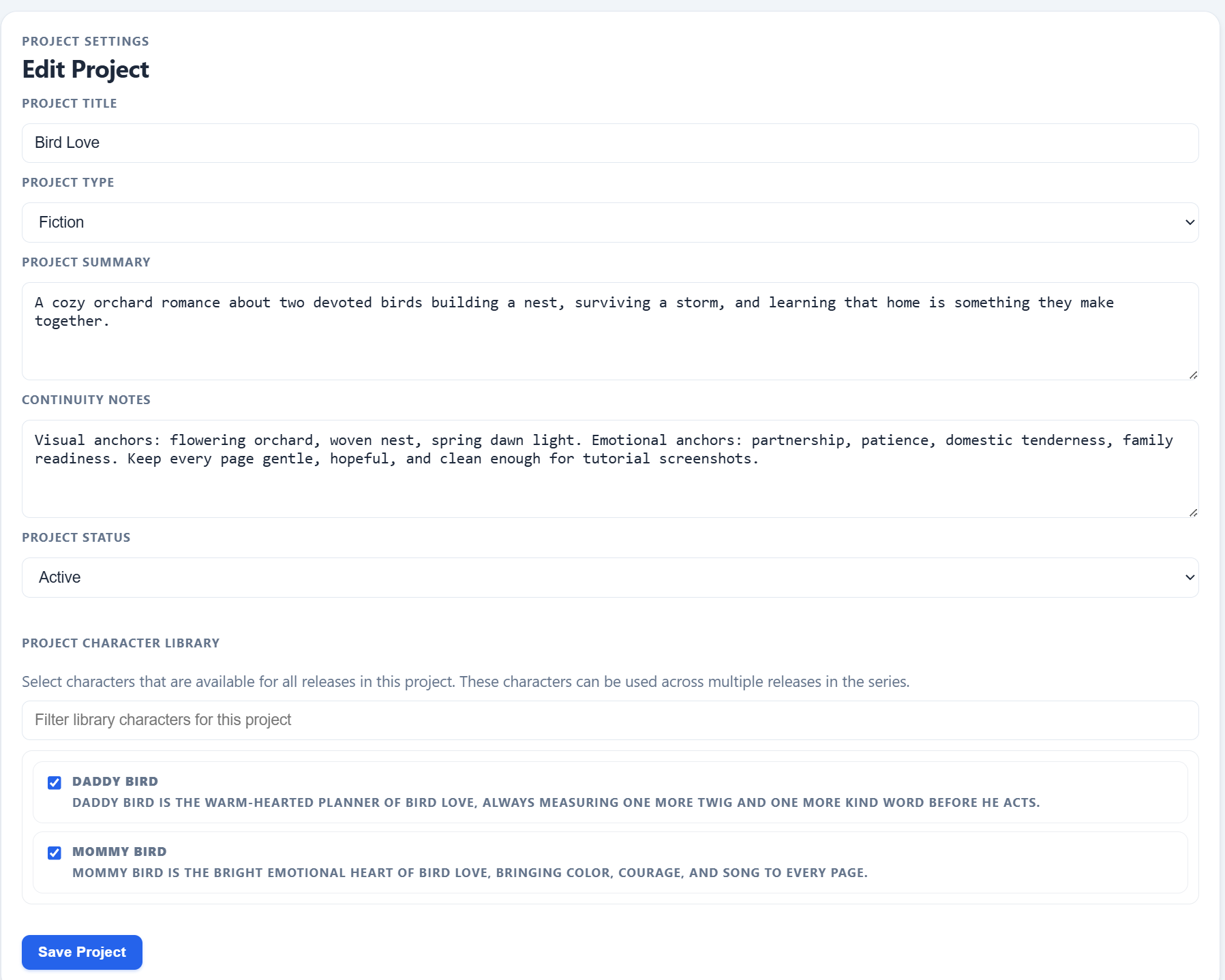 Project edit form showing summary, continuity notes, status, and shared character selection