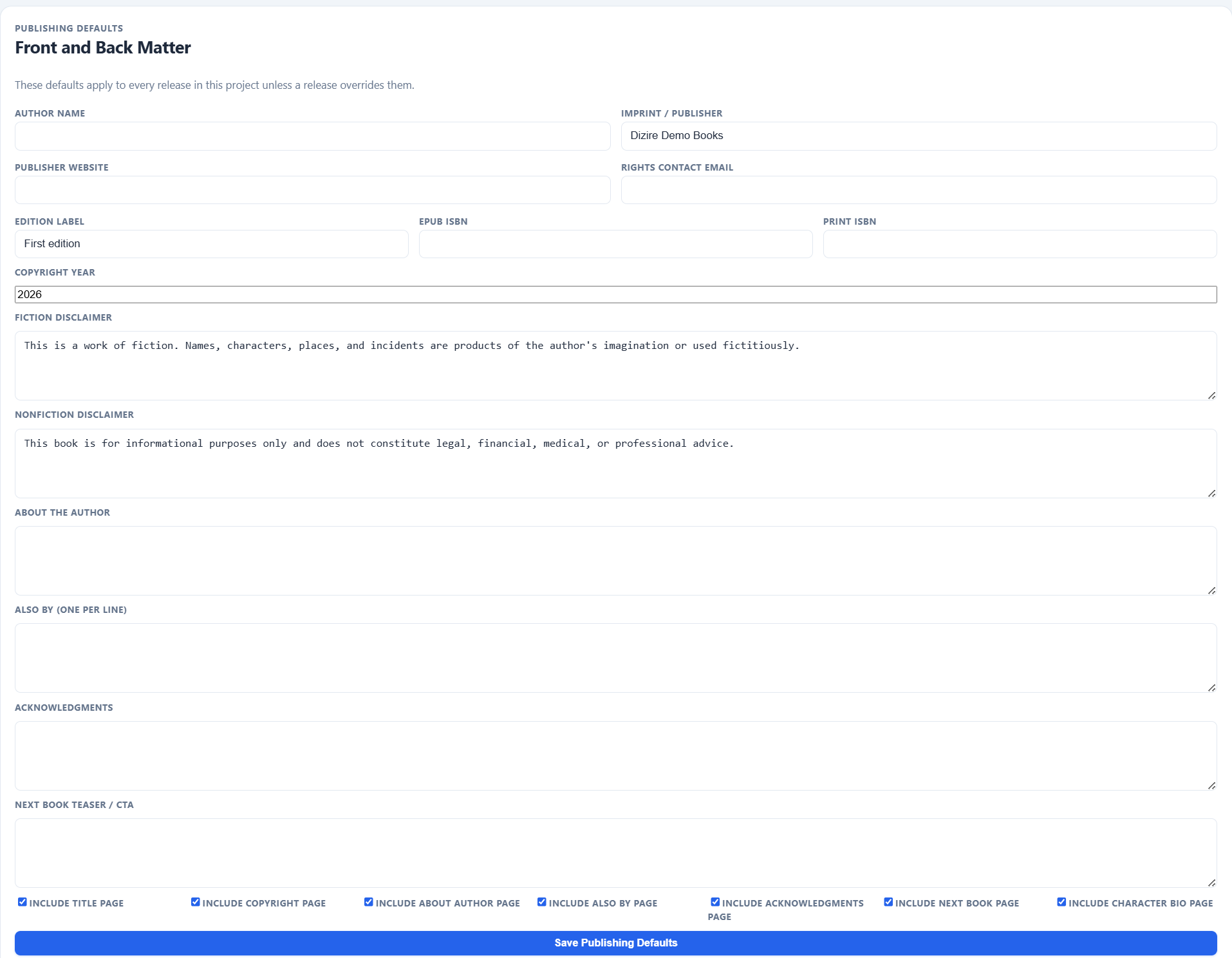 Project publishing defaults form showing title-page and back-matter related fields and toggles