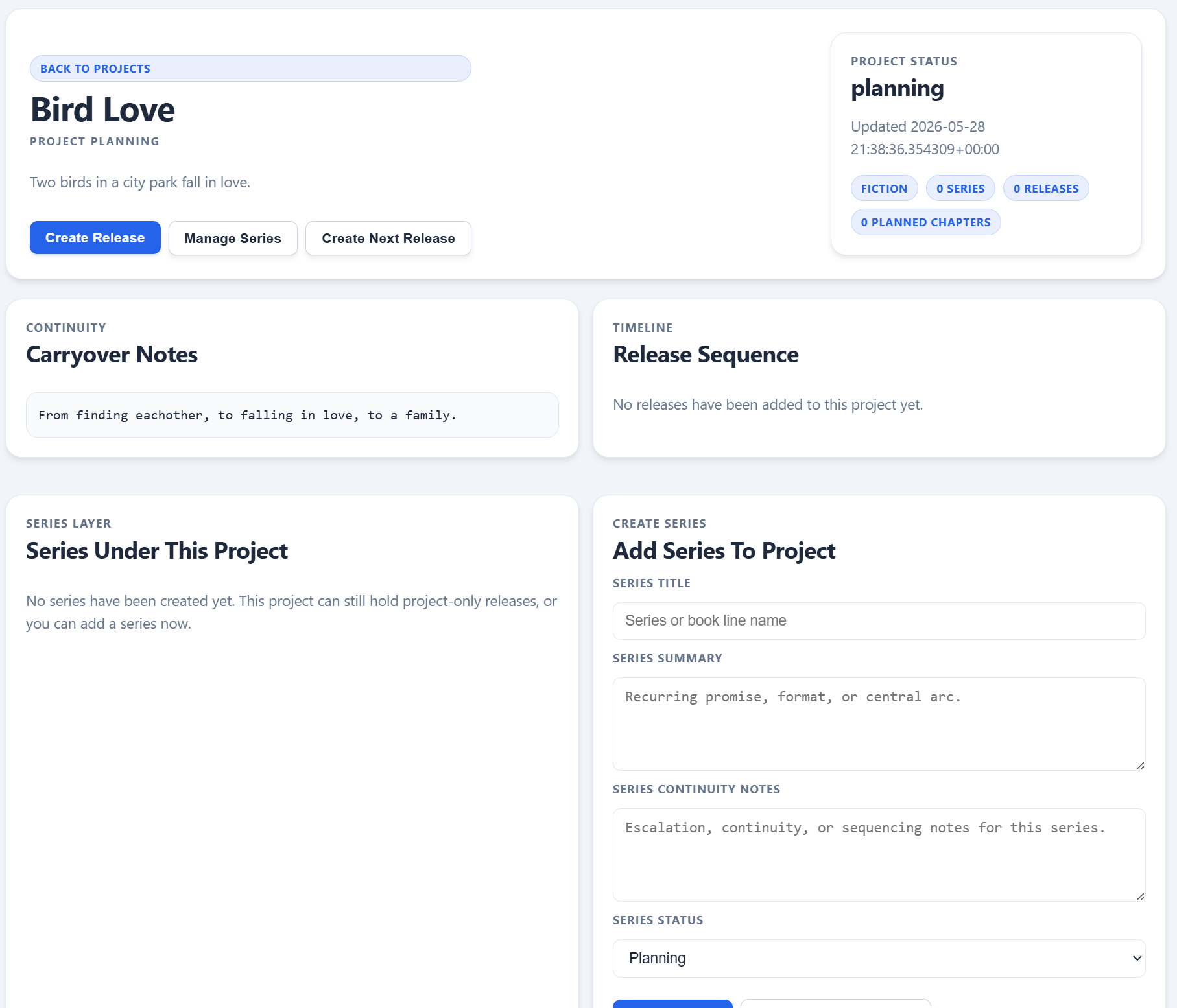 Project detail page before releases have been added