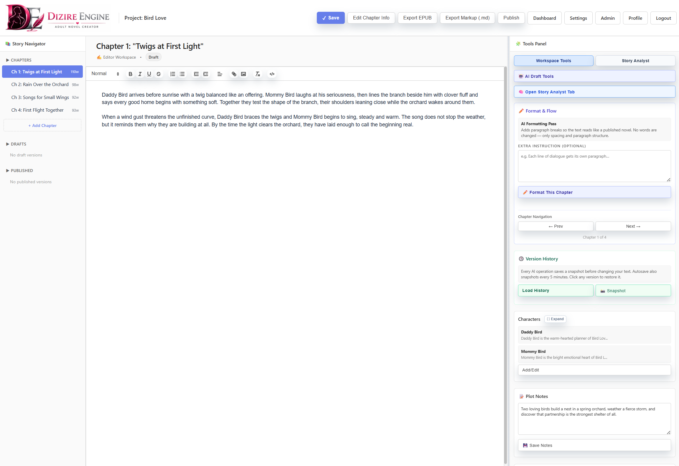 Writing workspace with chapter navigation and manuscript editor visible